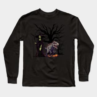 Scary dinasour with witch and pumpkin art for halloween season Long Sleeve T-Shirt